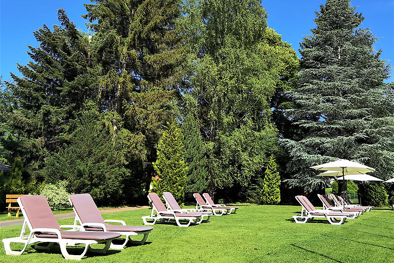 Liegewiese mit Relaxliegen im Hotel Bayer. Wald